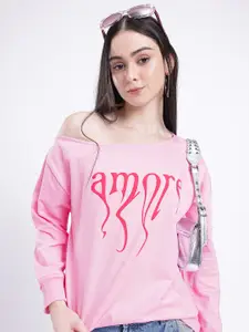 glitchez Typography Printed Cotton Terry Slant Shoulder Relaxed Fit Sweatshirt