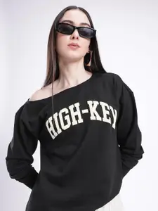 glitchez Typography Print Cotton Terry Slant Shoulder Relaxed Fit Sweatshirt