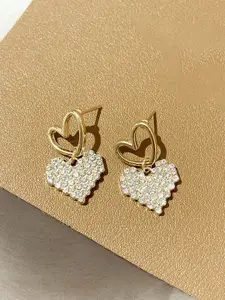 KRENOZ Gold-Plated Crystals Studded Heart Shaped Drop Earrings