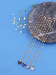 DressBerry Set Of 4 Gold-Plated Stones Studded Sparkling Butterfly Pendants With Chains