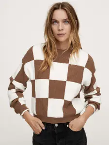 MANGO Women White & Brown Checked Pullover
