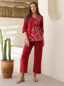 JISORA Women's Red  Printed Cotton Top With Trousers Co-Ord Set