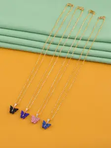 DressBerry Set Of 4 Gold-Plated Stones Studded Sparkling Butterfly Pendants With Chains