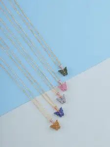 DressBerry Set Of 5 Gold-Plated Sparkling Resin Butterfly Pendant With Chain