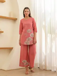 JISORA Women's Pink Embroidered Cotton Top With Trousers Co-ord Set