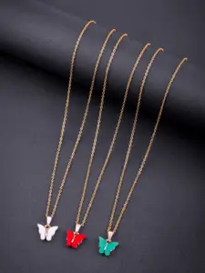 DressBerry Set Of 3 Gold-Plated Stones Studded Sparkling Butterfly Pendants With Chains