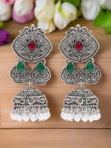 Sangria Silver-Plated Stones Studded & Beads Beaded Oxidised Dome Shaped Jhumkas
