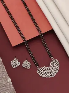 ABDESIGNS Silver-Plated American Diamond Studded & Beaded Mangalsutra With Earrings