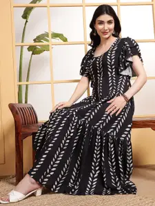 DEEBACO Western Floral Printed Flutter Sleeves Fit & Flare Maxi Dress