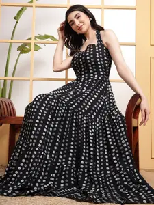DEEBACO Polka Dot Printed Halter Neck Tiered Fit & Flare Maxi Dress
