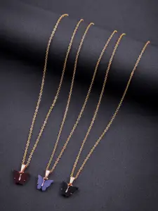 DressBerry Set Of 3 Gold-Plated Stones Studded Sparkling Butterfly Pendants With Chains