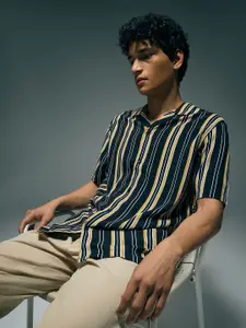 Flying Machine Men Vertical Striped Cuban Collar Casual Shirt