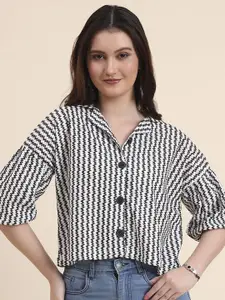DressBerry Women Relaxed Fit Chevron Striped Cuban Collar Casual Shirt