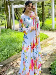 Raiyani Fashion Floral Printed Round Neck Maxi Ethnic Dress With Dupatta
