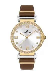 Daniel Klein Women Silver-Toned Embellished Dial & Brown Strap Analogue Watch DK.1.13219-6