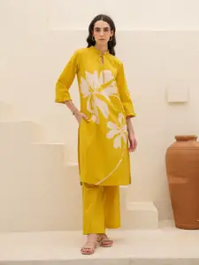 JISORA Women's Yellow Printed Cotton Top With Trousers Co-Ords