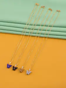 DressBerry Set Of 4 Gold-Plated Stones Studded Sparkling Butterfly Pendants With Chains