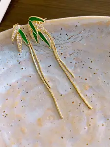 KRENOZ Gold-Plated Crystals Studded Leaf Shaped Drop Earrings