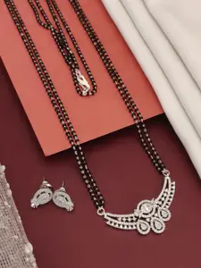 ABDESIGNS Silver-Plated American Diamond Studded & Beaded Mangalsutra With Earrings