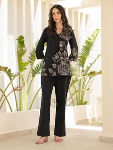 JISORA Women's Black Printed Cotton Top With Trousers Co-Ords