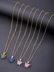 DressBerry Set Of 4 Gold-Plated Stones Studded Sparkling Butterfly Pendants With Chains
