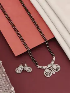 ABDESIGNS Silver-Plated American Diamond Studded & Beaded Mangalsutra With Earrings