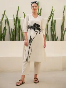 JISORA Women's Beige Solid Cotton Flex Top With Trousers Co-Ord Set