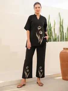 JISORA Women's Black Printed Russian Silk Top With Trousers Co-Ord Set