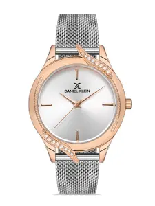 Daniel Klein Women Rose Gold-Toned Embellished Dial & Silver Toned Bracelet Style Straps Analogue Watch