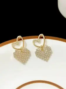 KRENOZ Gold-Plated Crystals Studded Heart Shaped Drop Earrings