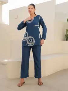 JISORA Women's Blue Russian Silk Top With Trousers Co-Ords