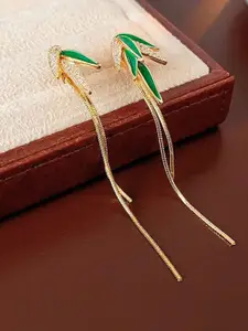 KRENOZ Gold-Plated Crystals Studded Leaf Shaped Drop Earrings