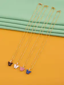 DressBerry Set Of 4 Gold-Plated Stones Studded Sparkling Butterfly Pendants With Chains