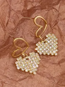 KRENOZ Gold-Plated Crystals Studded Heart Shaped Drop Earrings