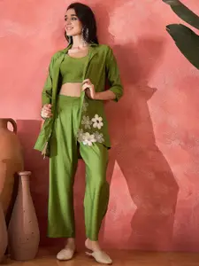 Sangria Floral Embroidered Notched Lapel Collar Top & Trousers With Jacket Co-Ords