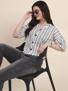 DressBerry Women Relaxed Fit Vertical Striped Cuban Collar Casual Shirt