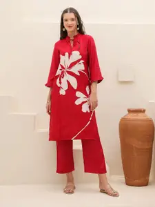 JISORA Women's Red Printed Russian Silk Top With Trousers Co-Ords