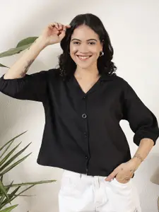 DressBerry Women Relaxed Fit Textured Cuban Collar Casual Shirt