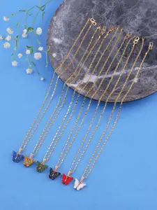 DressBerry Set Of 6 Gold-Plated Sparkling Resin Butterfly Pendant With Chain