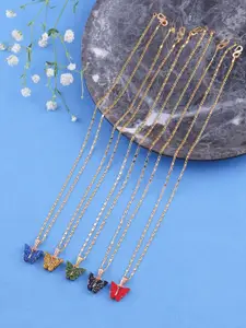 DressBerry Set Of 5 Gold-Plated Stones Studded Sparkling Butterfly Pendants With Chains