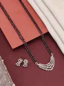 ABDESIGNS Silver-Plated American Diamond Studded & Beaded Mangalsutra With Earrings