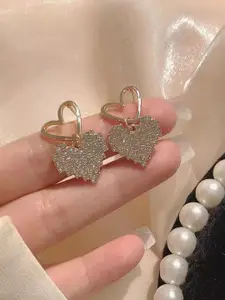 KRENOZ Gold-Plated Crystals Studded Heart Shaped Drop Earrings