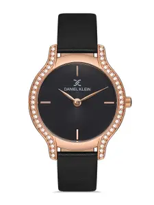 Daniel Klein Women Black Embellished Dial & Leather Strap Analogue Watch DK.1.13209-4