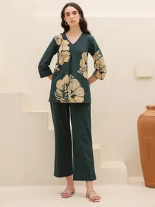 JISORA Women's Green Printed Cotton  Top With Trousers Co-Ords
