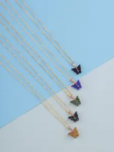 DressBerry Set Of 5 Gold-Plated Sparkling Butterfly Pendant With Chain