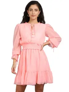 MARC LOUIS Tie-Up Neck Puff Sleeve Georgette A-Line Dress
