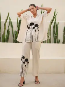 JISORA Women's Beige Printed Russian Silk Top With Trousers Co-Ords