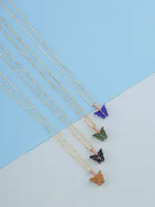 DressBerry Set Of 4 Gold-Plated Sparkling Butterfly Pendant With Chain