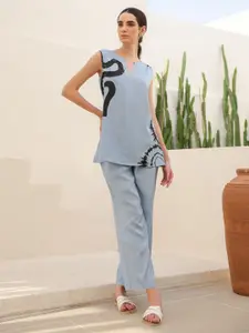 JISORA Women's Blue Printed Russian Silk Top With Trousers Co-Ords