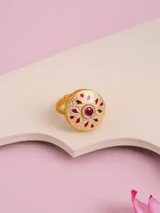 Kushal's Fashion Jewellery Gold-Plated Ruby Stones Studded Ethnic Antique Finger Ring